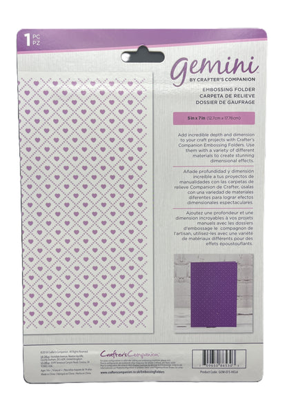 Embossing folder packaging with purple hearts and geometric pattern on a white background