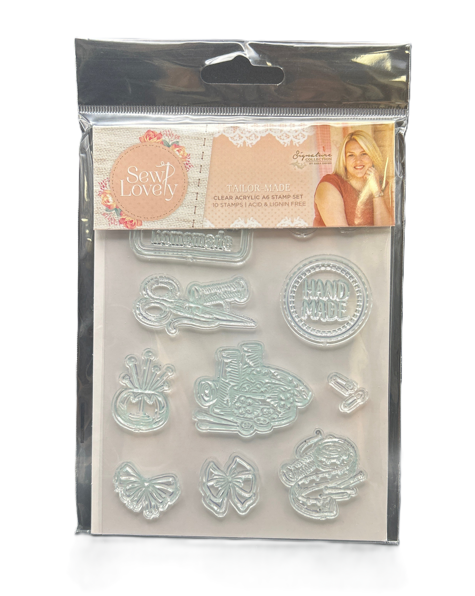 Packaged clear stamp set with various designs on a white background