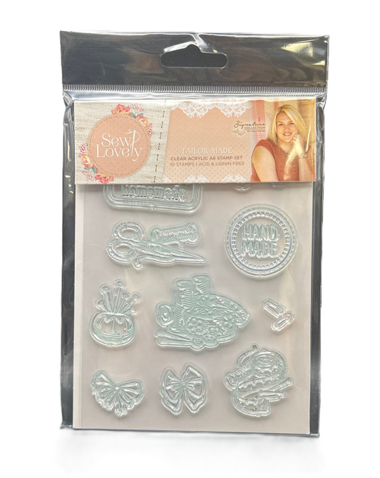 Packaged clear stamp set with various designs on a white background