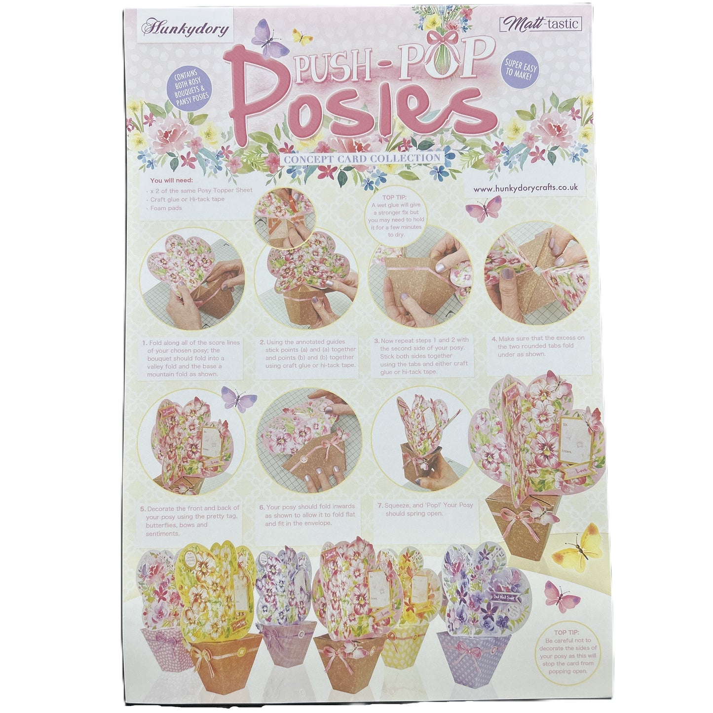 Box of Push-Pop Posies craft kit with step-by-step instructions and images of finished products.