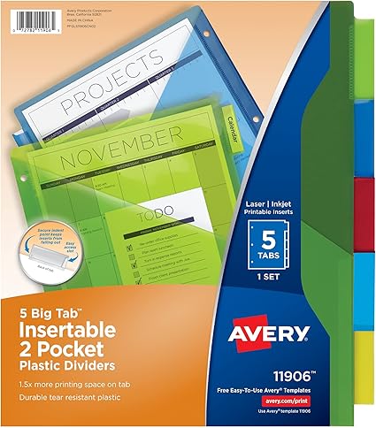 Avery big tab insertable 2 pocket plastic dividers packaging with colorful tabs on a beige background.