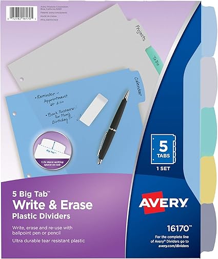 Avery Big Tab Write & Erase Plastic Dividers packaging with dividers and a pen on a purple background