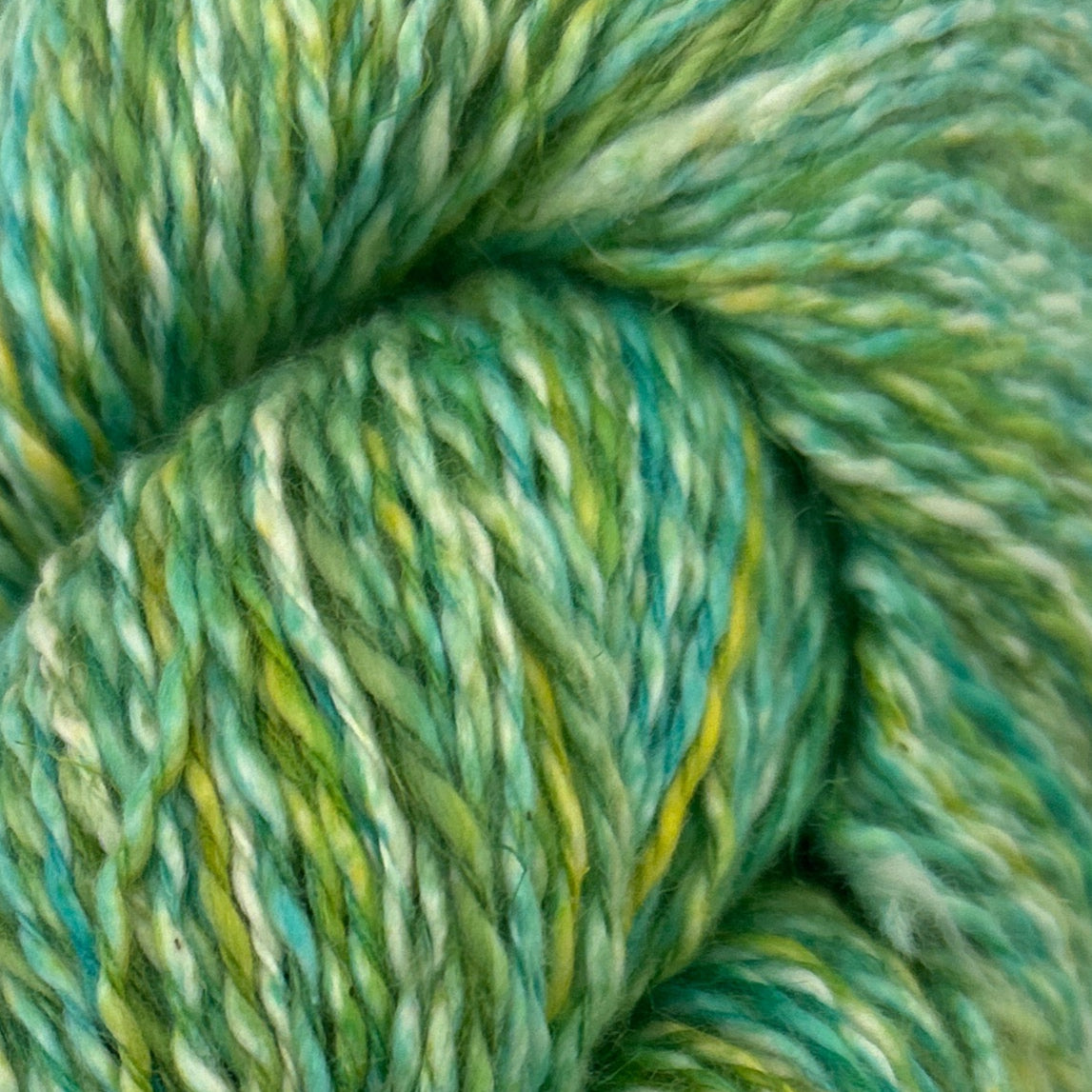 Close-up of green and blue yarn skein