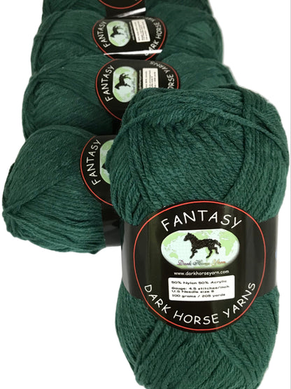 Dark green yarn skeins with 'Fantasy' label on a white background