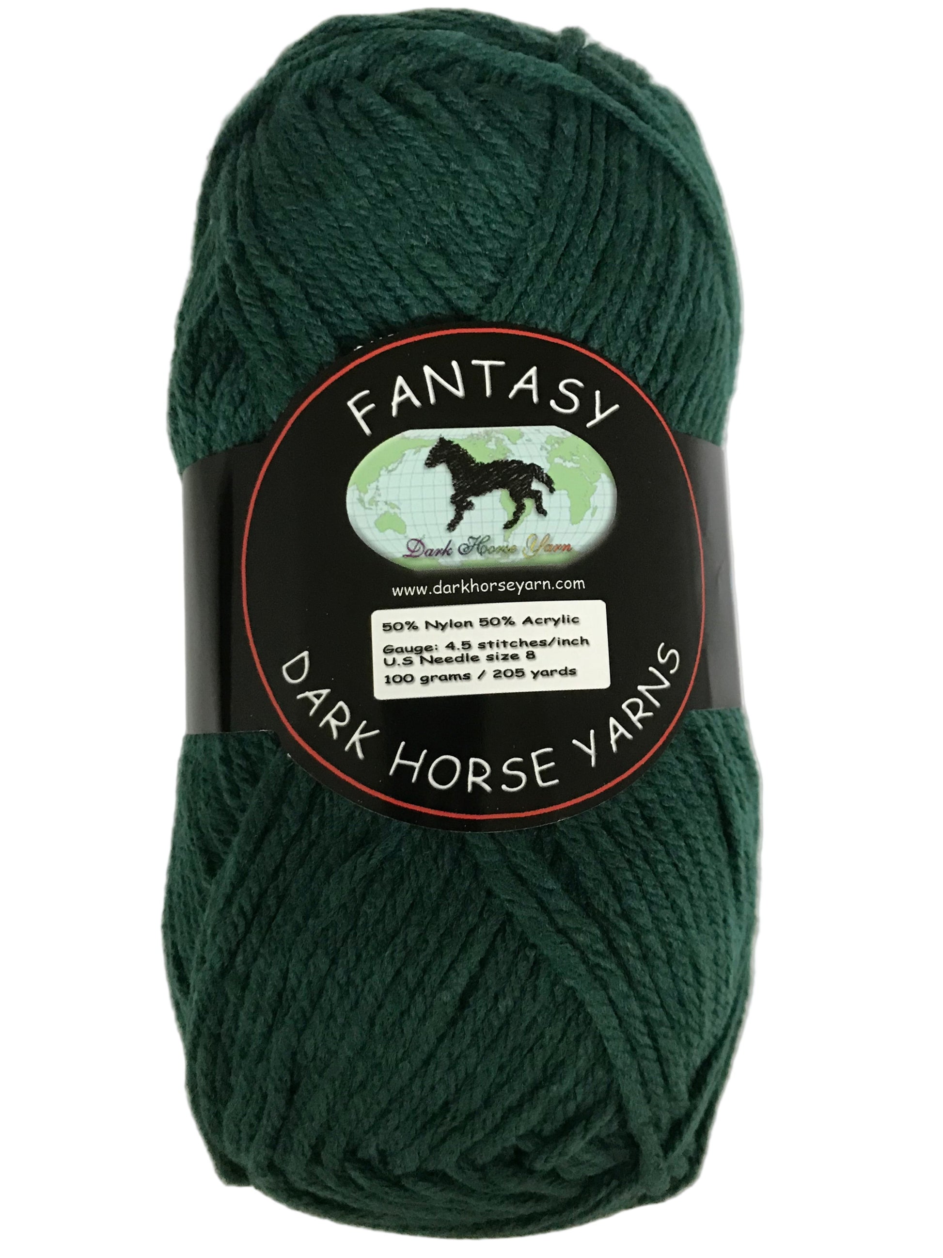 Dark green skein of yarn with a label on a white background