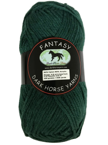 Dark green skein of yarn with a label on a white background