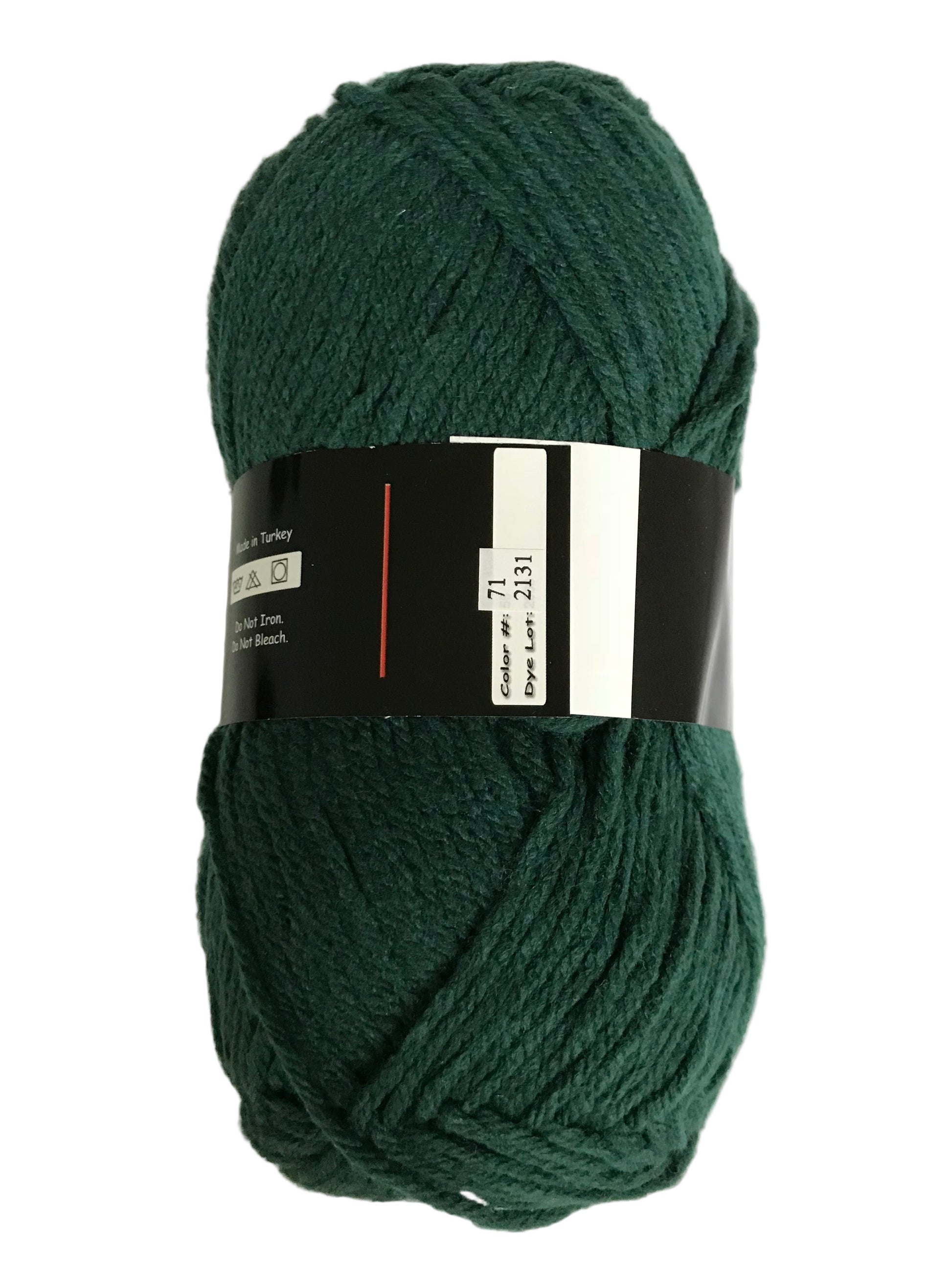 Dark green skein of yarn with a label on a white background