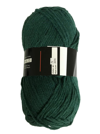 Dark green skein of yarn with a label on a white background