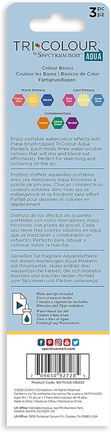 Tricolor Aqua watercolor effect markers packaging with color swatches and branding.