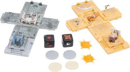 Toy set with figurines, dice, and game pieces on a white background