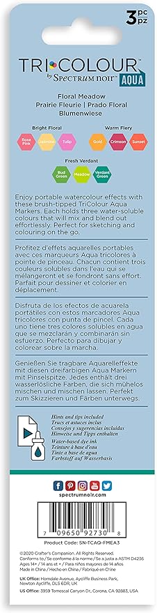 Tricolor Aqua watercolor marker set packaging with color swatches and branding.