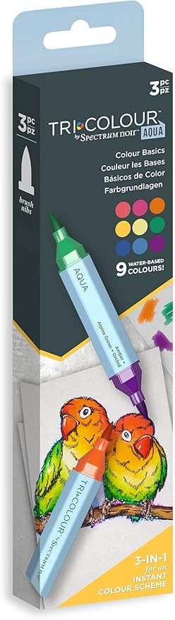 Tri-Colour SpectraColor markers packaging with two parrots on a branch.