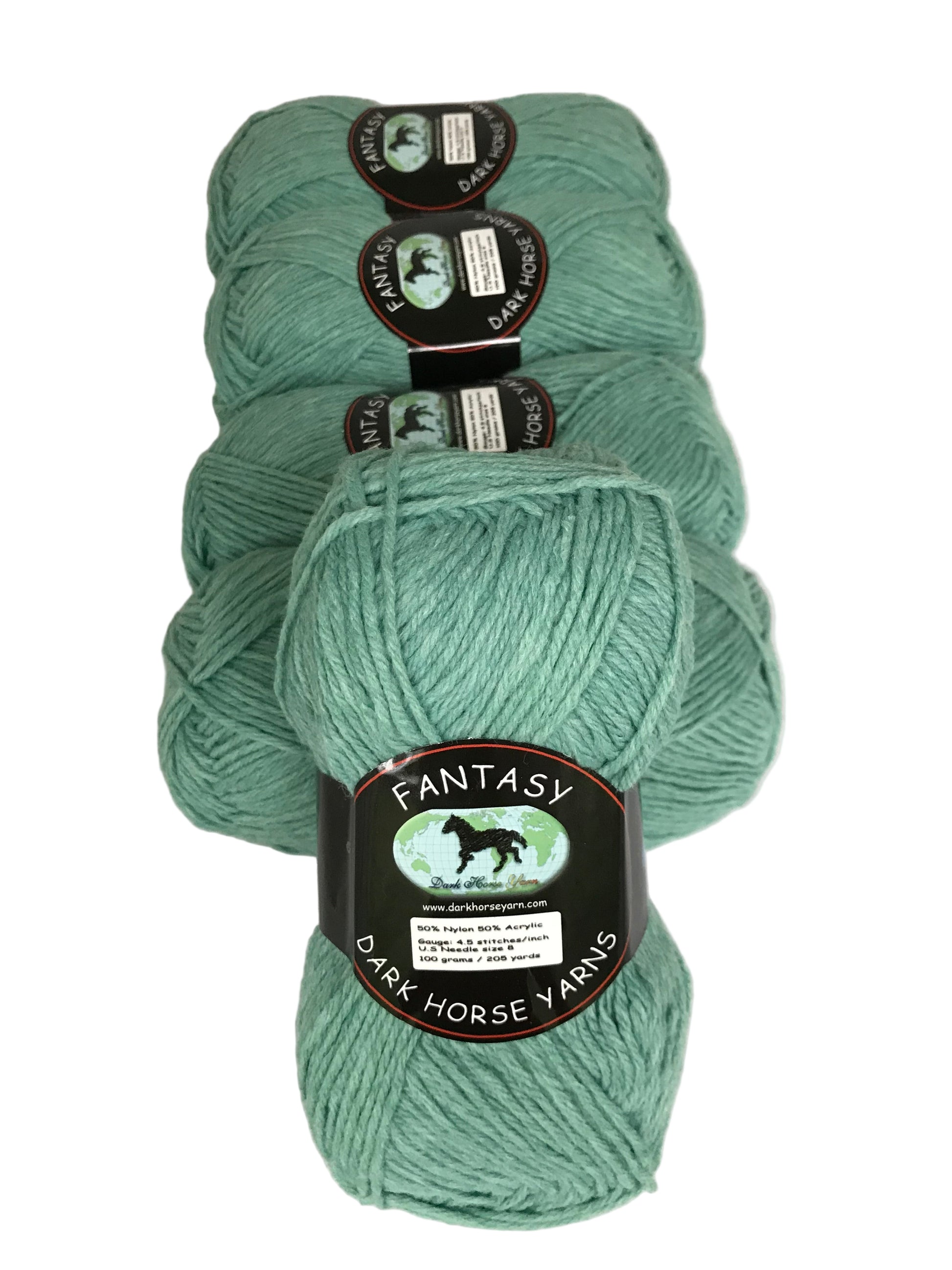 Three skeins of teal yarn with labels on a white background