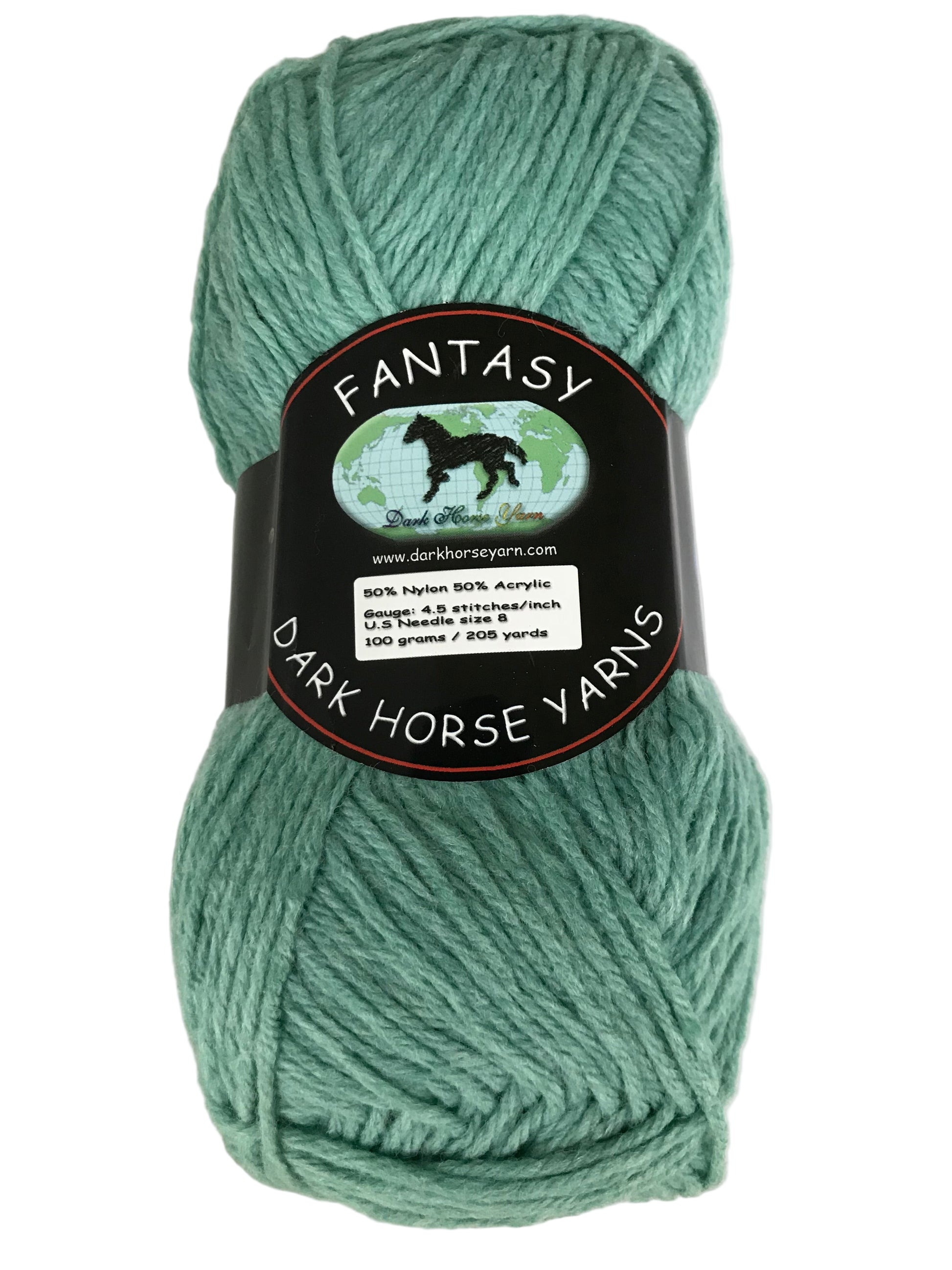 Green skein of yarn with a 'Fantasy' label from Dark Horse Yarns on a light gray background