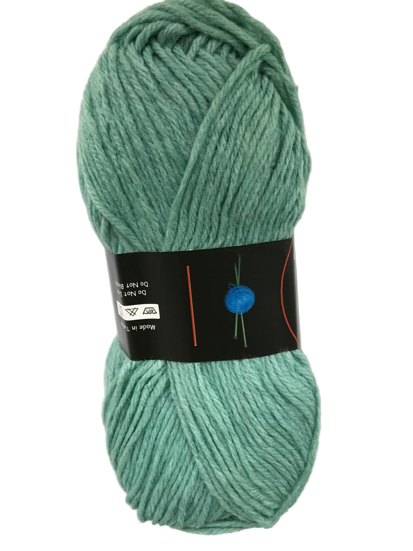 Teal skein of yarn with a label on a white background