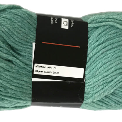 Green skein of yarn with a label on a white background