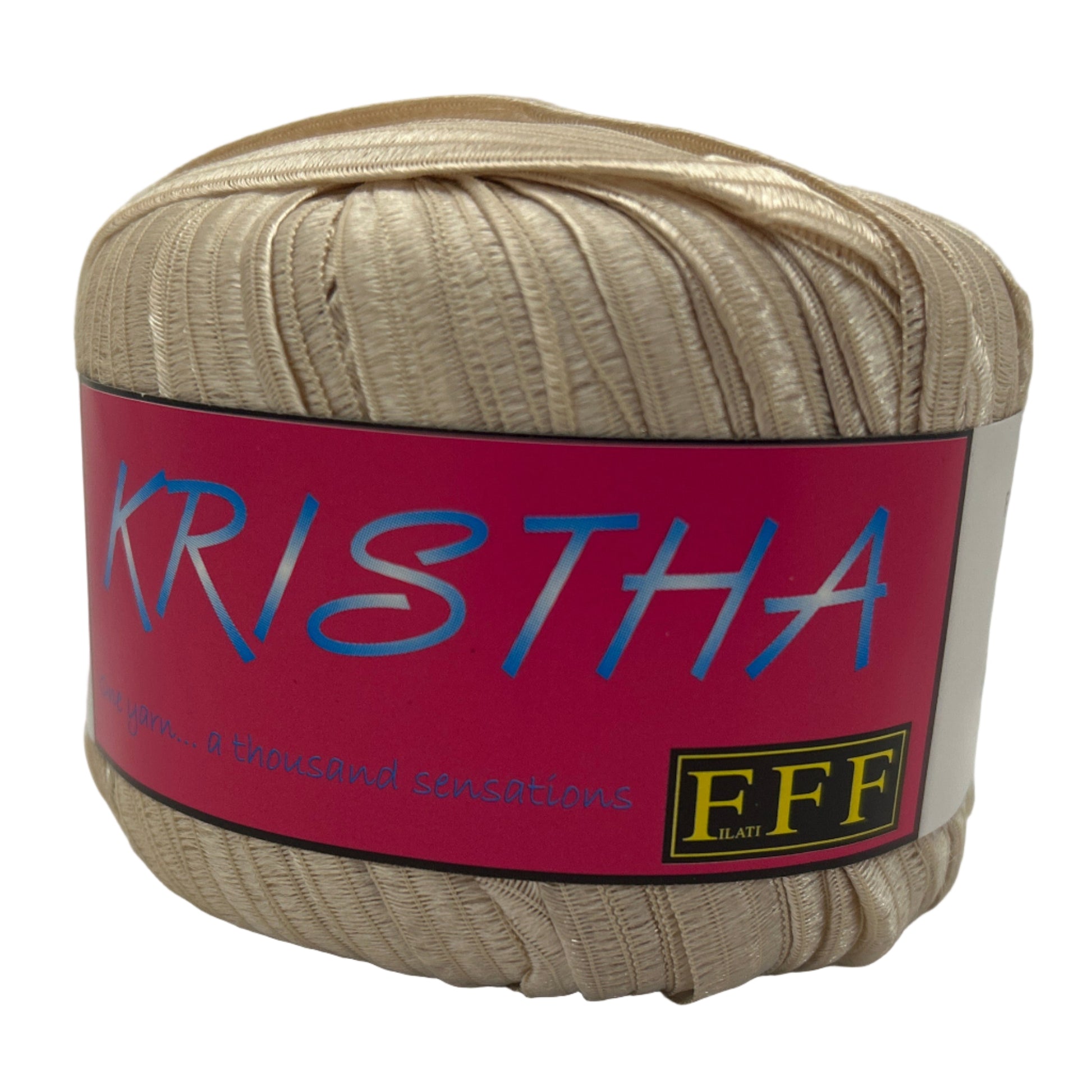 Ball of yarn with 'KRISTHA' label on a white background