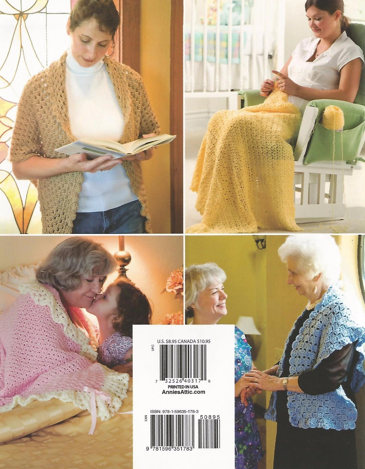 Four images showing people wearing knitted items with a product label in the center.