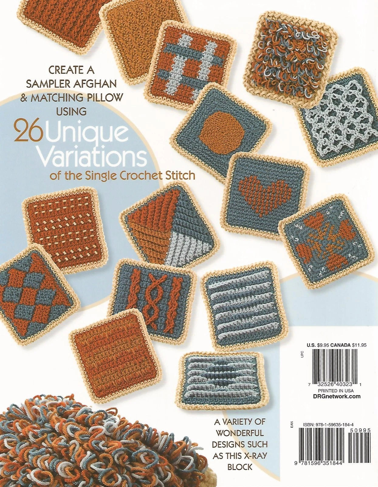 Crocheted squares with various patterns on a blue background, featuring a sampler afghan and matching pillow design.