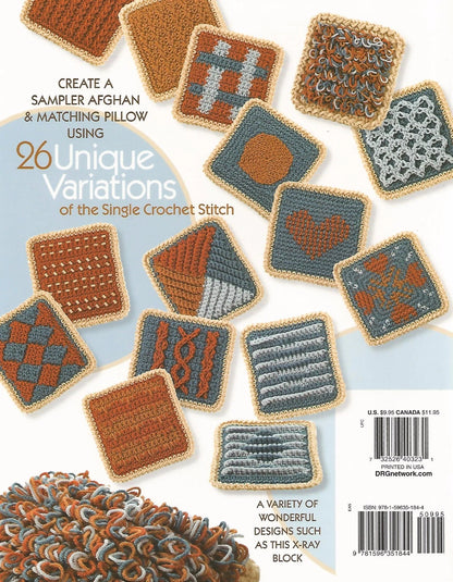 Crocheted squares with various patterns on a blue background, featuring a sampler afghan and matching pillow design.