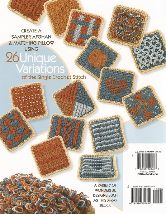 Crocheted squares with various patterns on a blue background, featuring a sampler afghan and matching pillow design.