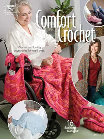 Book cover of 'Comfort Crochet' with images of people using crochet items.