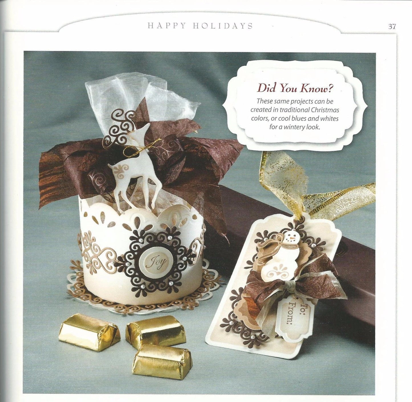 Decorative gift set with a reindeer design on a magazine page.