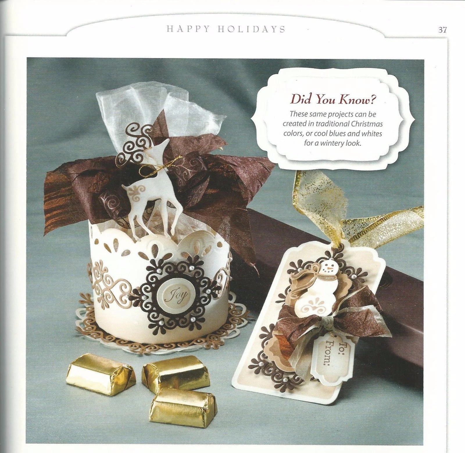 Decorative gift set with a reindeer design on a magazine page.