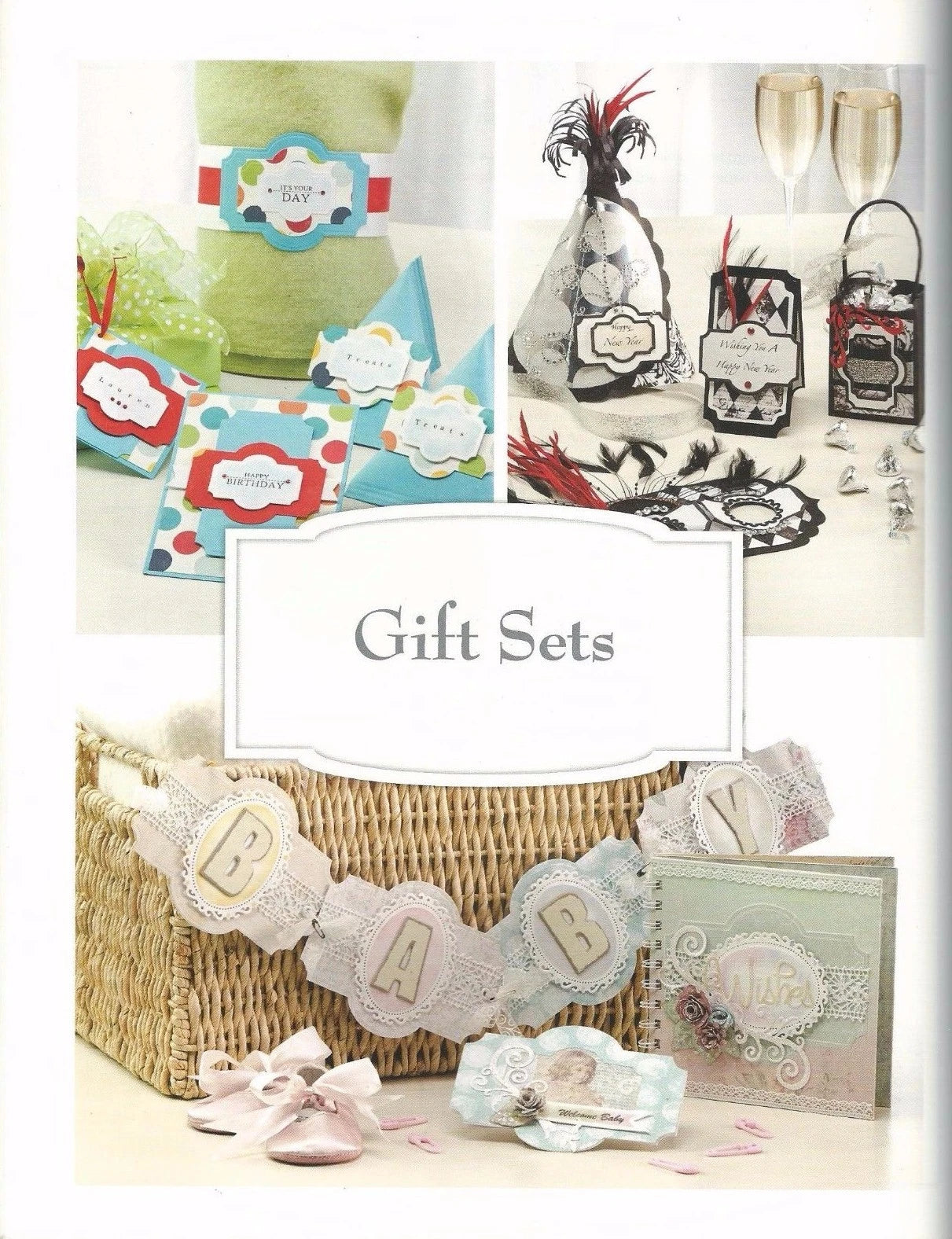Collage of gift sets with decorative items and a basket labeled 'Gift Sets'.