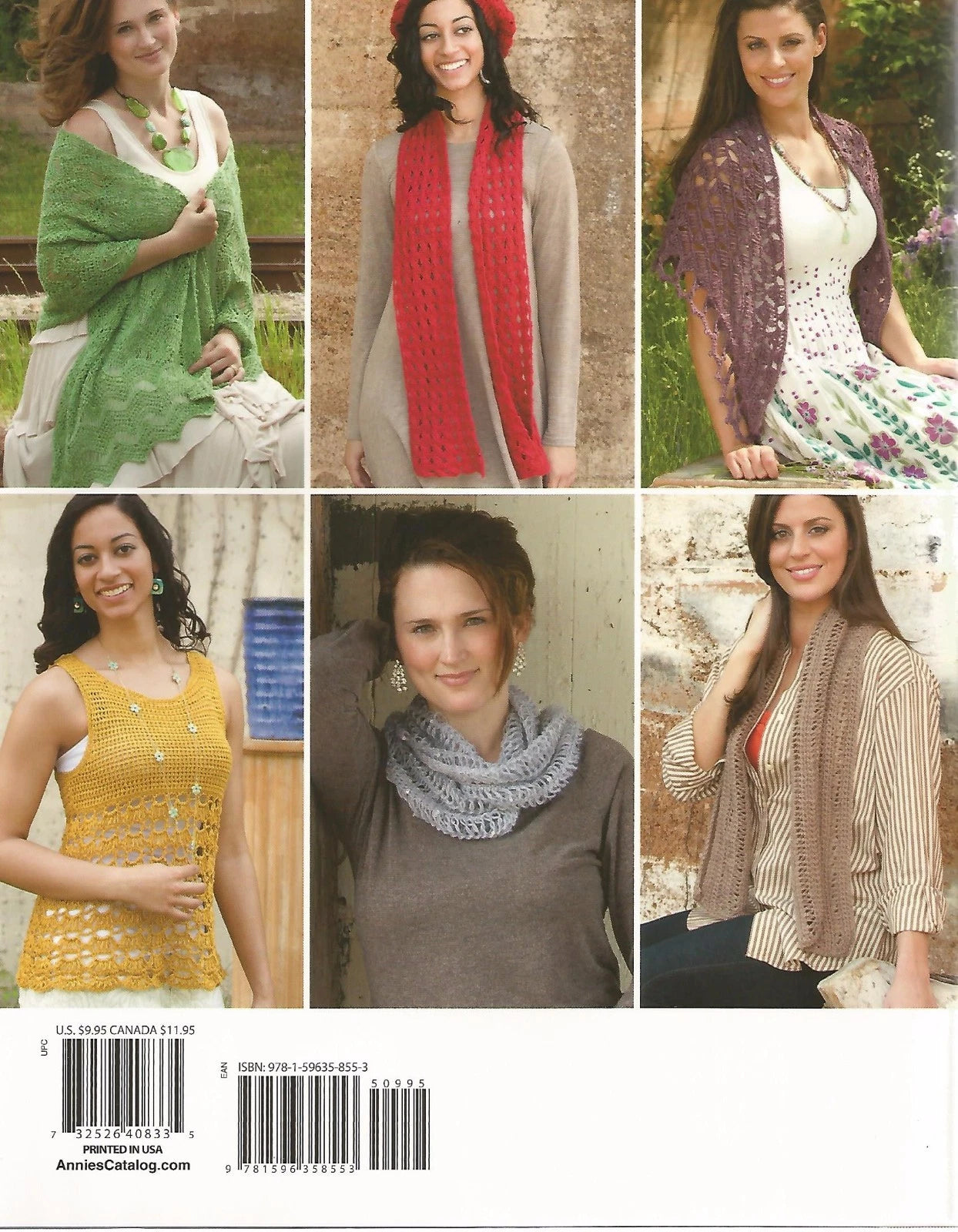 Collage of women wearing various knitted and crocheted garments with a visible barcode at the bottom.