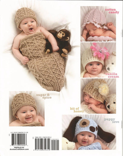 Baby in knitted hat and wrap with various color options displayed.