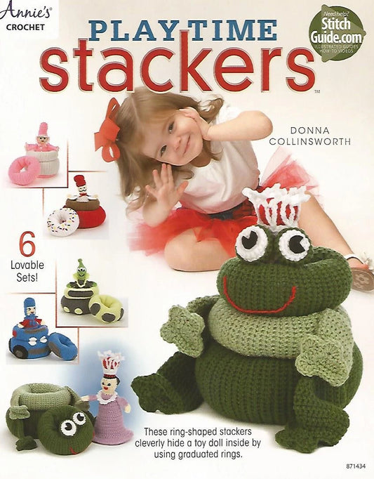 Book cover of 'Play Time Stackers' by Donna Collinsworth featuring a child and crocheted toys.