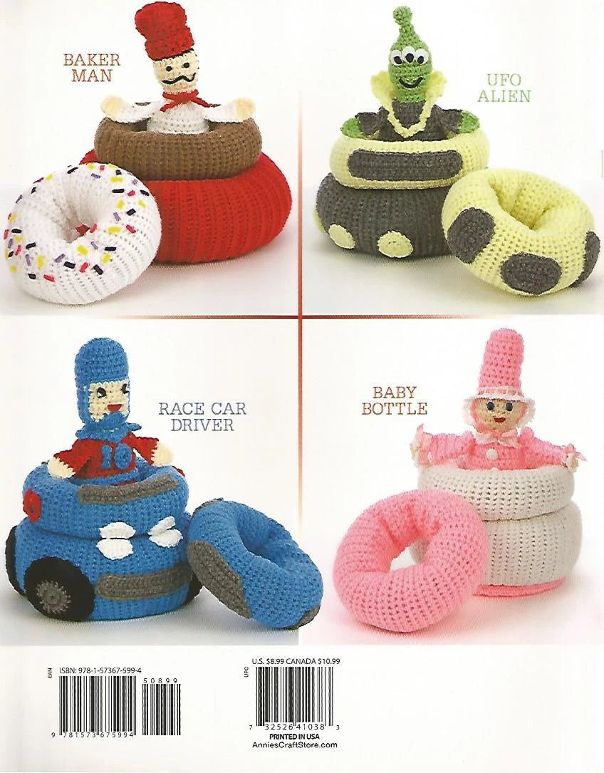 Four colorful crochet toys including a baker man, UFO alien, race car driver, and baby bottle on a white background.
