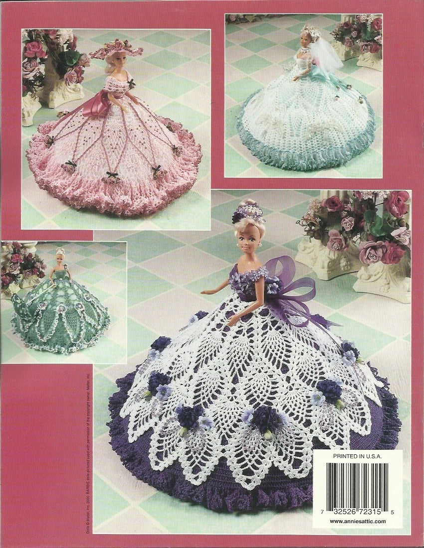 Collection of crocheted doll dresses displayed on a pink background with barcodes.