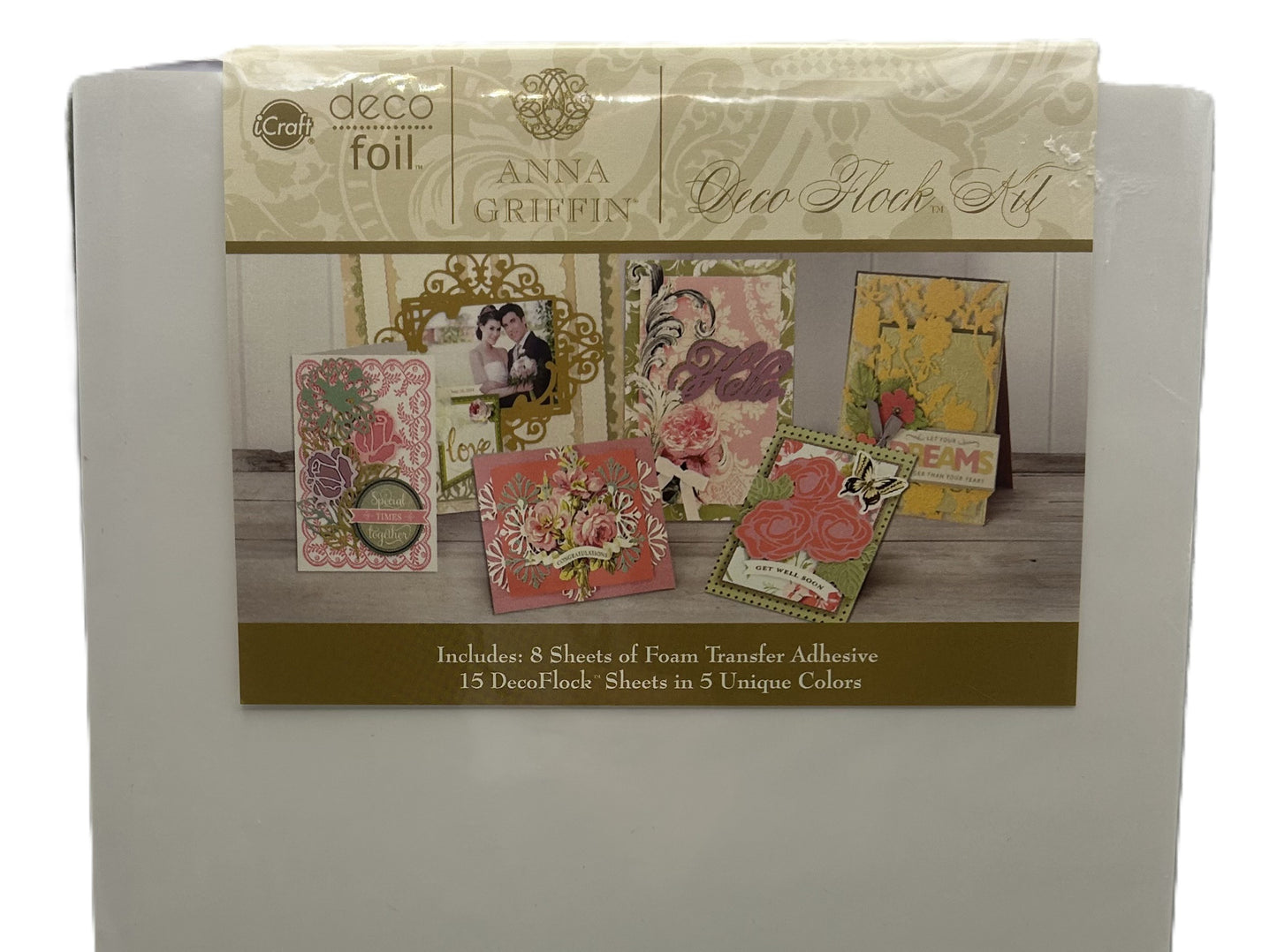 Packaging of Anna Griffin Deco Foil craft kit with decorative sheets on a white background