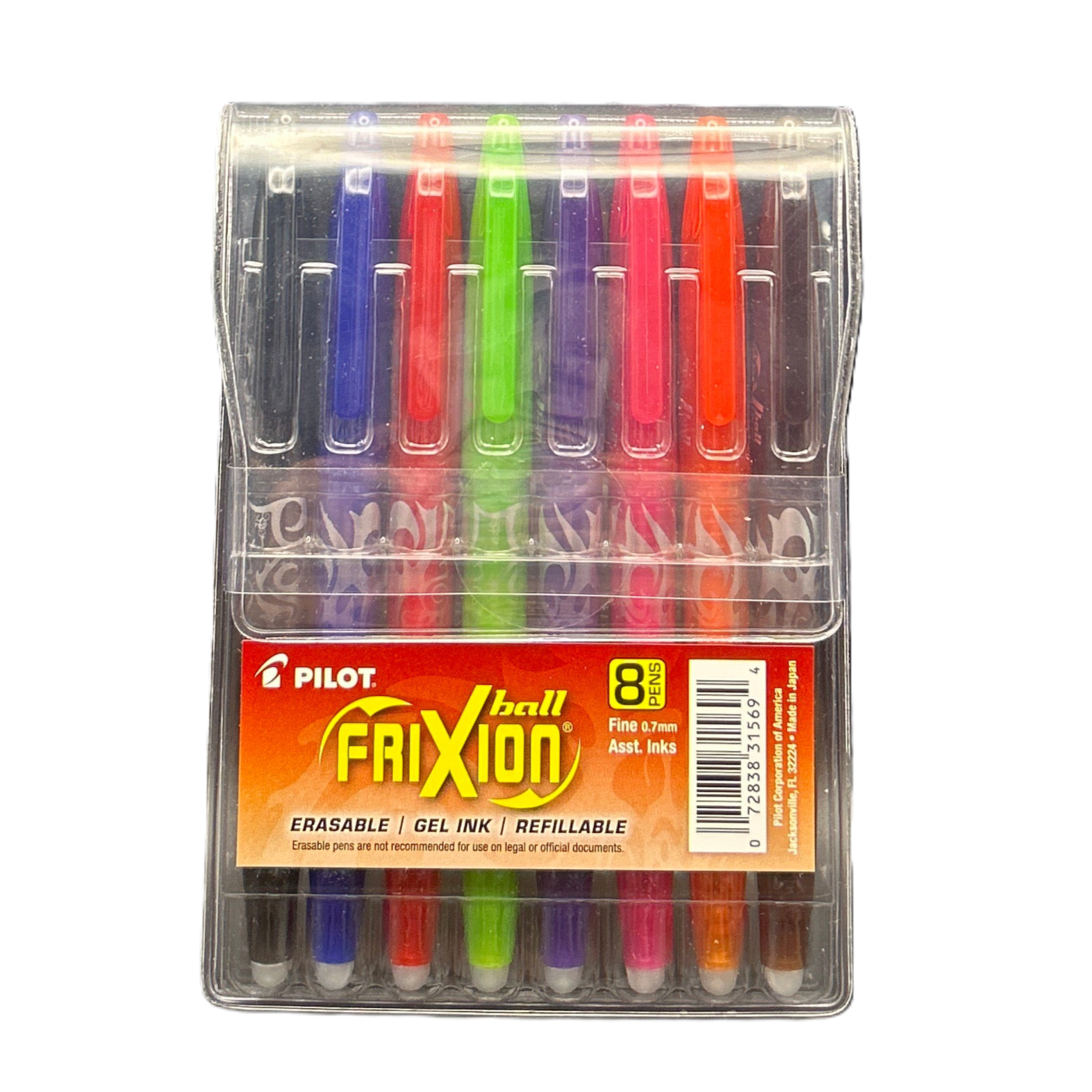 Pack of Pilot Frixion gel ink pens in various colors with clear packaging.