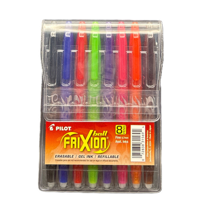 Pack of Pilot Frixion gel ink pens in various colors with clear packaging.