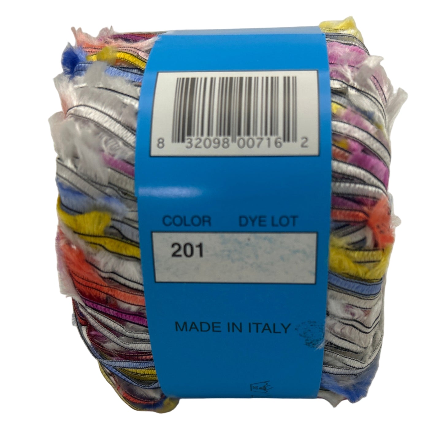 Packaged yarn with a blue label on a white background
