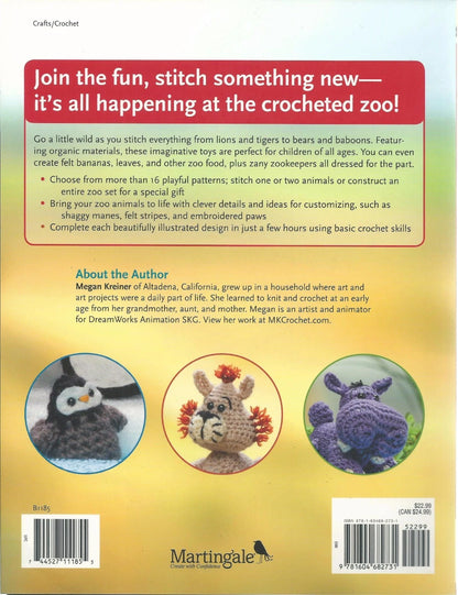 Back cover of a crochet pattern book with text and images of crocheted animals.