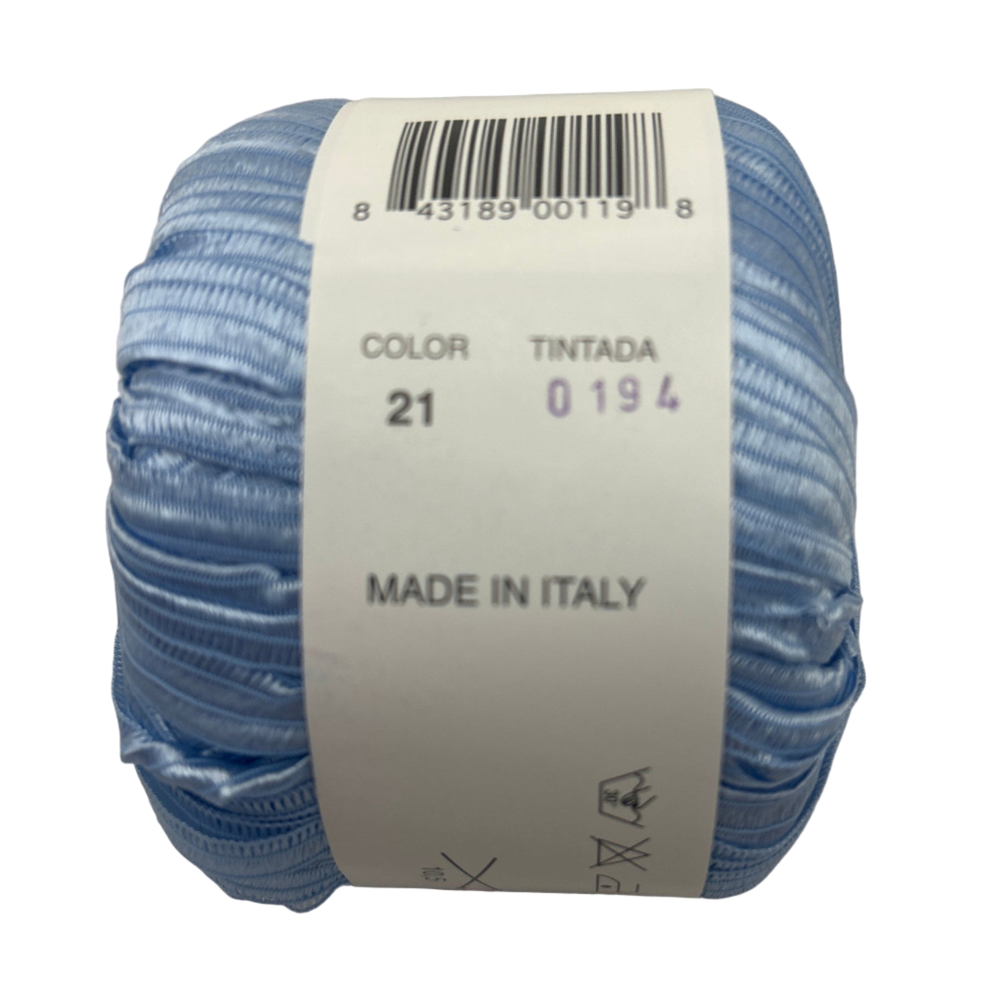 Blue yarn ball with a label on a white background