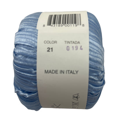 Blue yarn ball with a label on a white background