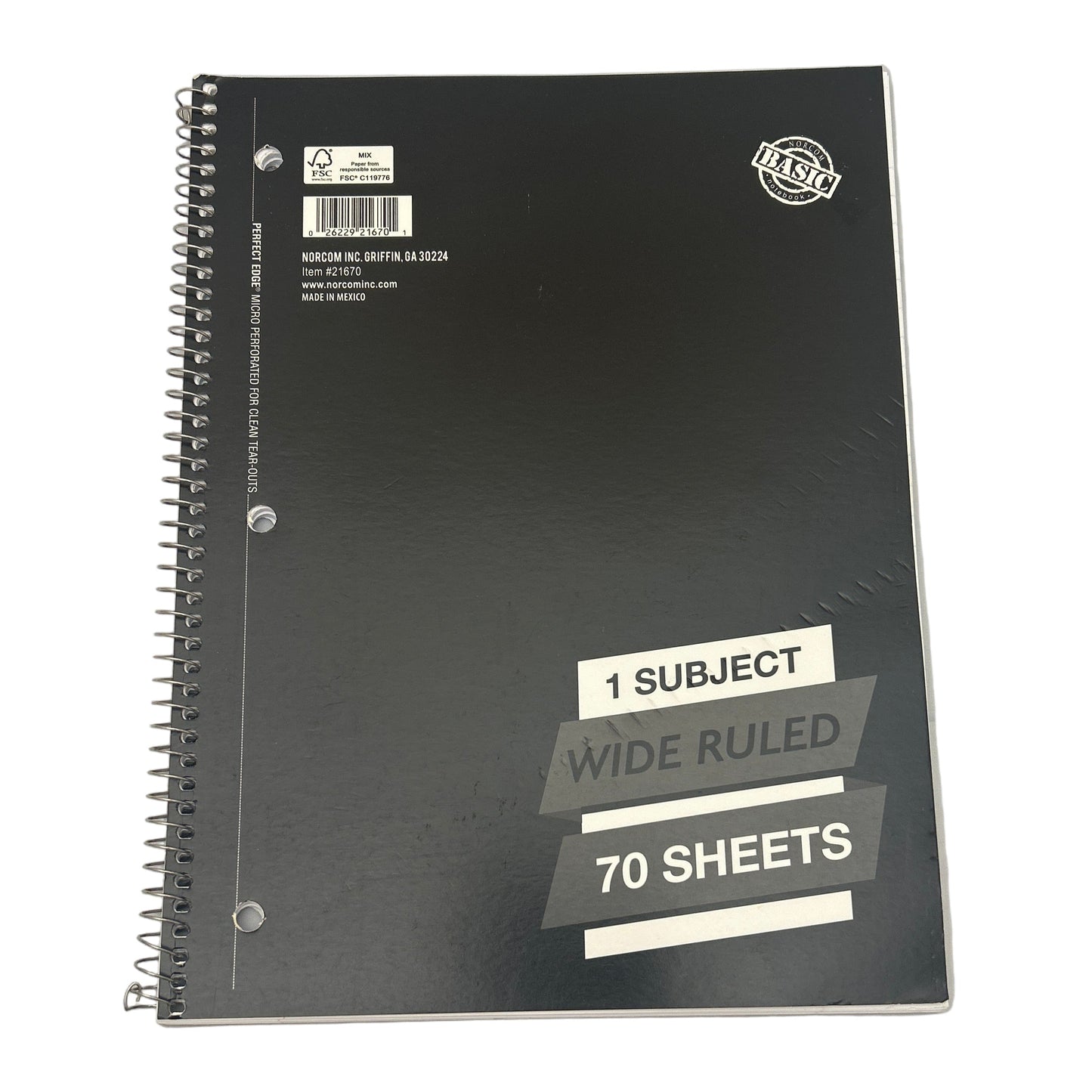 Black notebook with text on a white background