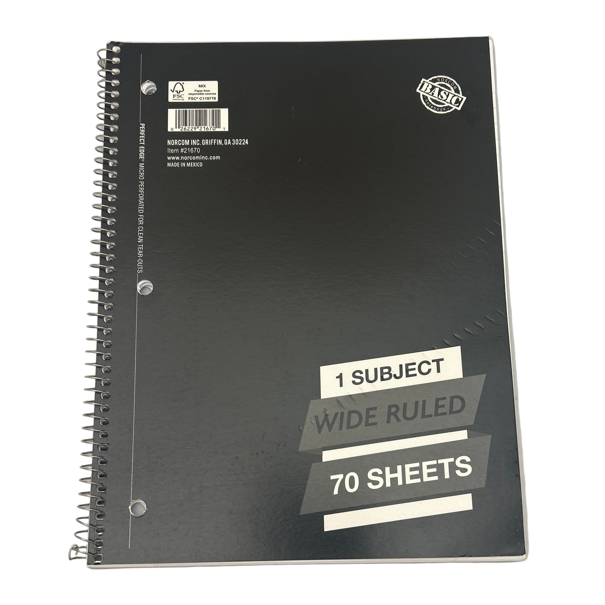 Black notebook with text on a white background