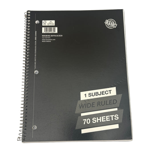Black notebook with text on a white background
