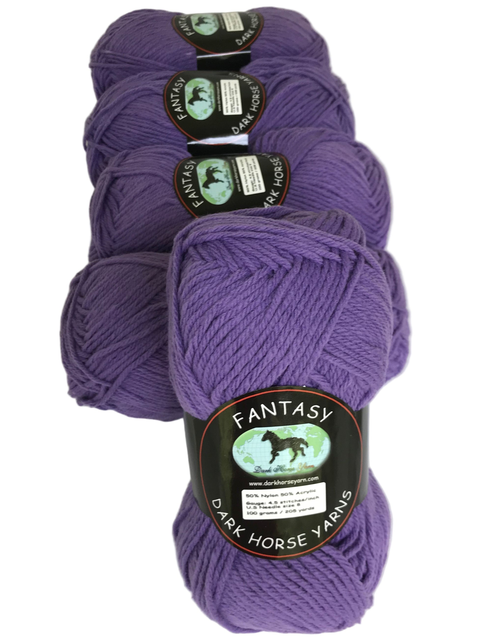 Purple yarn skeins with 'Fantasy Dark Horse Yarns' labels on a white background