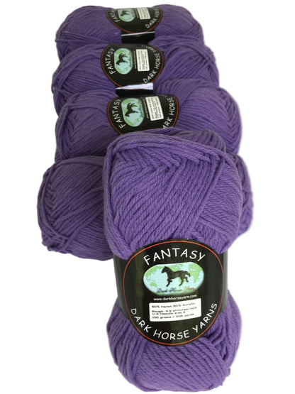 Purple yarn skeins with 'Fantasy Dark Horse Yarns' labels on a white background