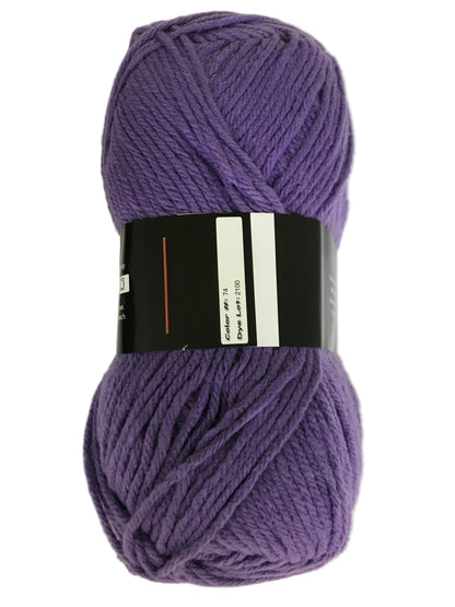 Purple skein of yarn with a label on a white background