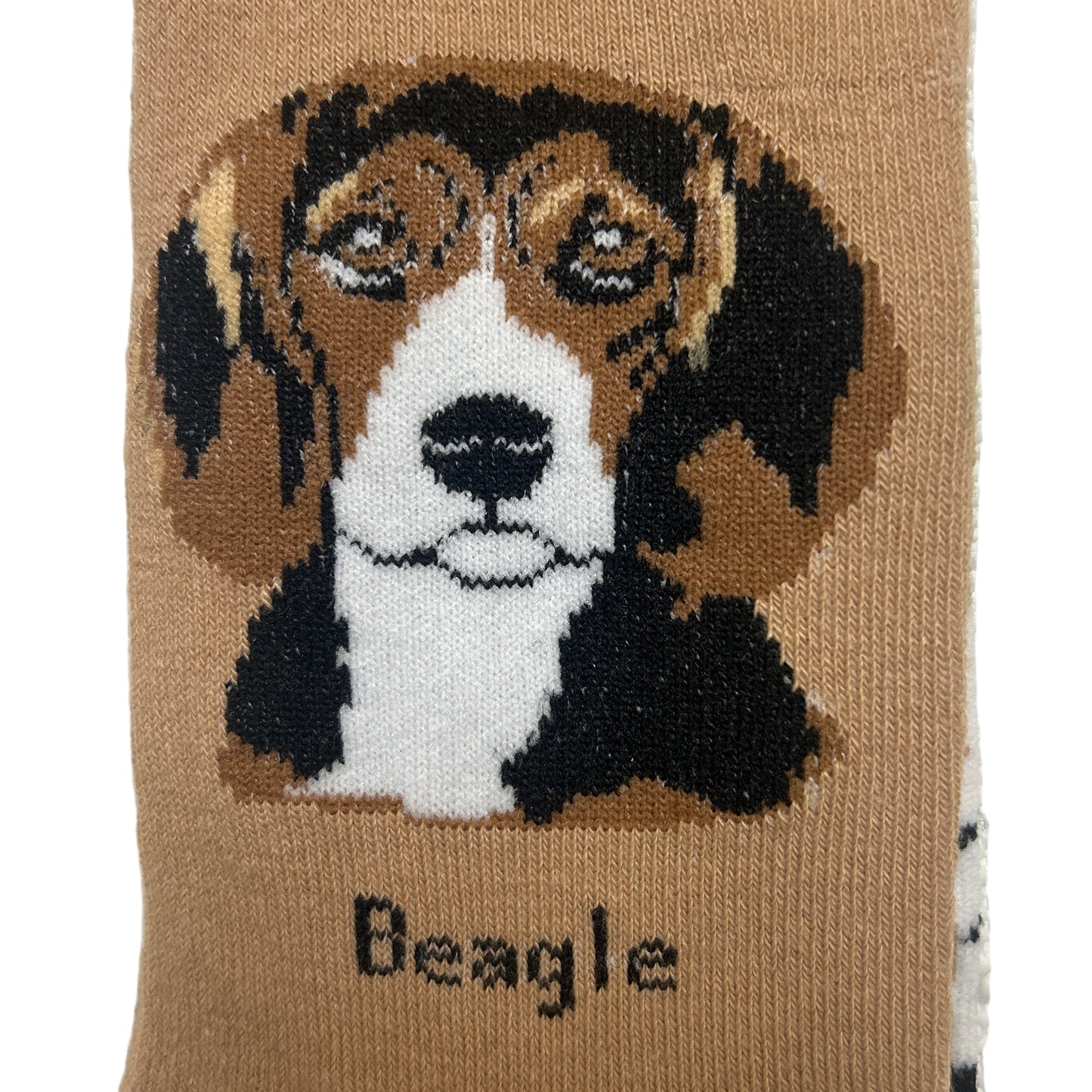 Beagle-themed sock with cartoon dog design on a beige background