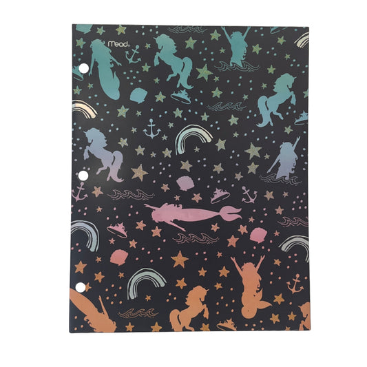 Notebook with mermaid and unicorn pattern on a dark background