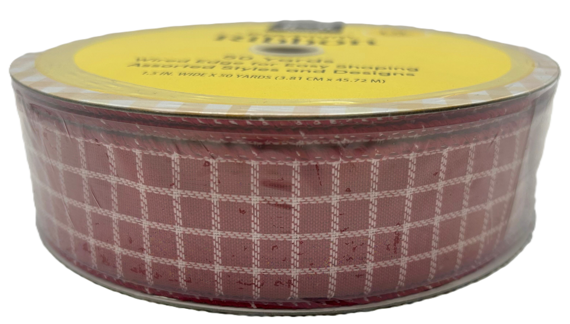 Roll of red and white checkered ribbon with a yellow label